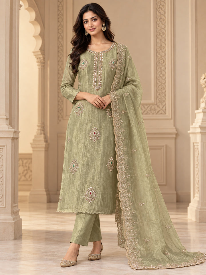 Pista-Green Tissue Embroidered Unstitched Dress Material