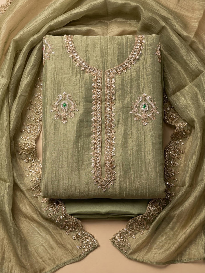 Pista-Green Tissue Embroidered Unstitched Dress Material