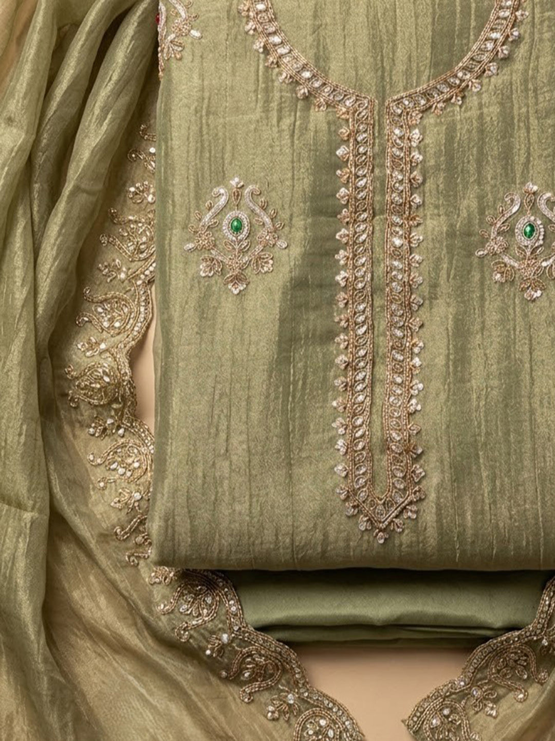 Pista-Green Tissue Embroidered Unstitched Dress Material
