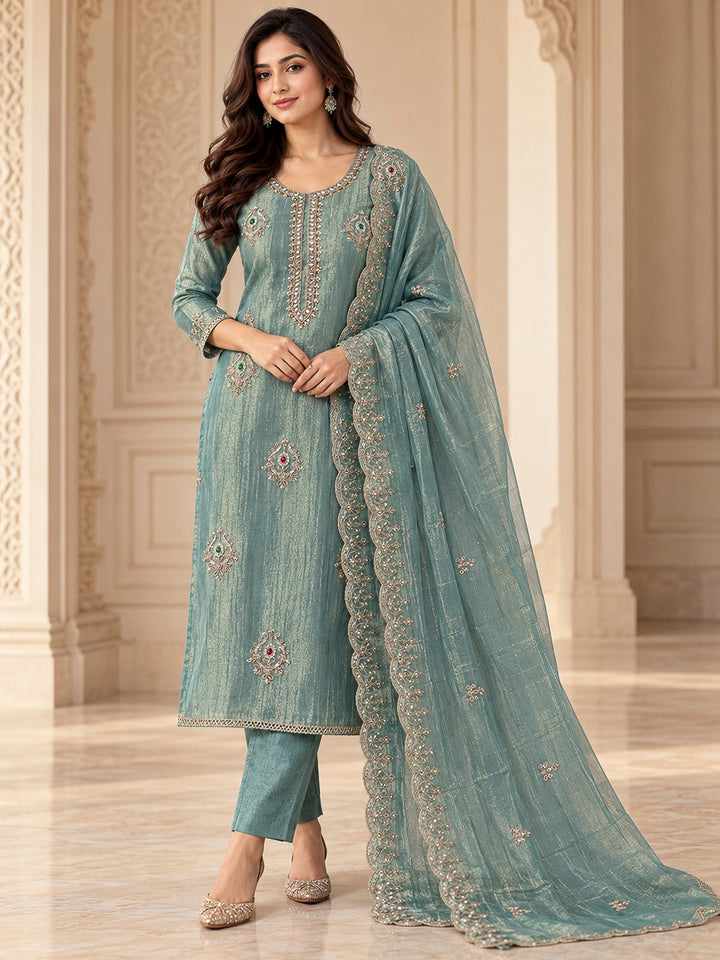 Rama Green Tissue Embroidered Unstitched Dress Material