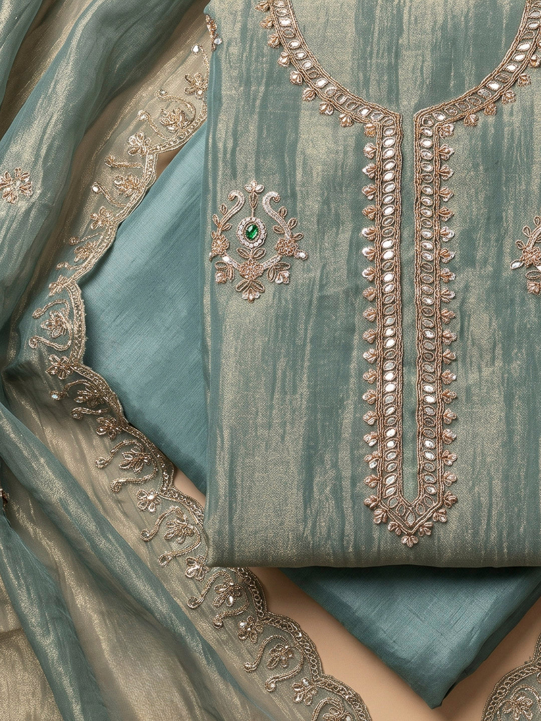Rama Green Tissue Embroidered Unstitched Dress Material