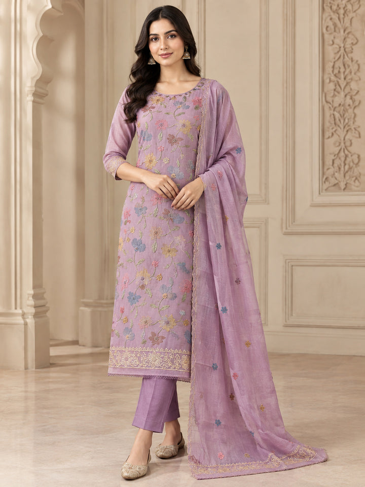 Lavender Chanderi Embroidered Unstitched Dress Material