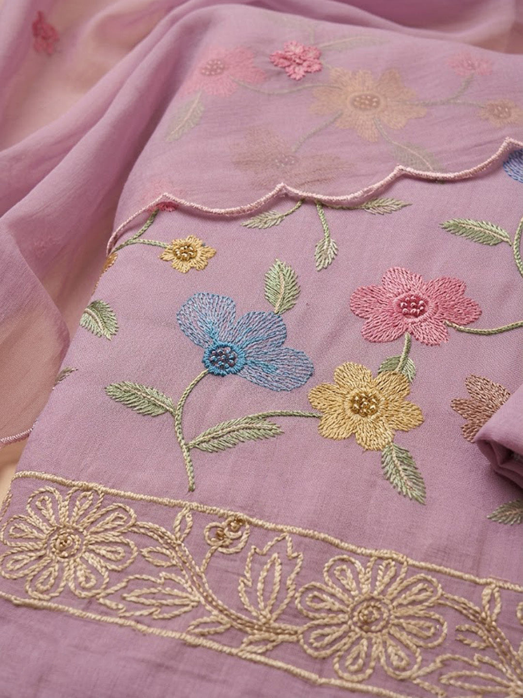 Lavender Chanderi Embroidered Unstitched Dress Material