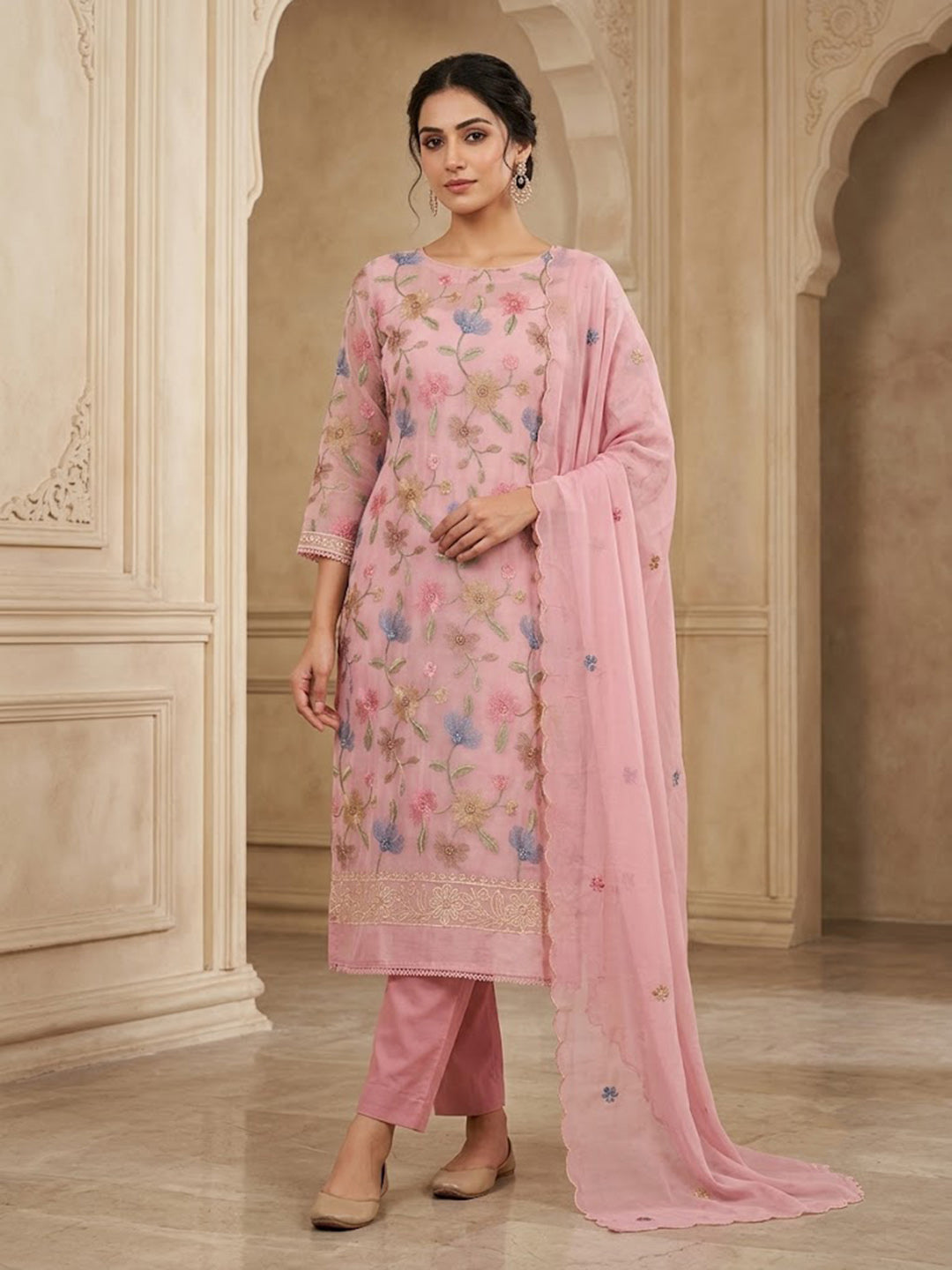 Onion-Pink Chanderi Embroidered Unstitched Dress Material