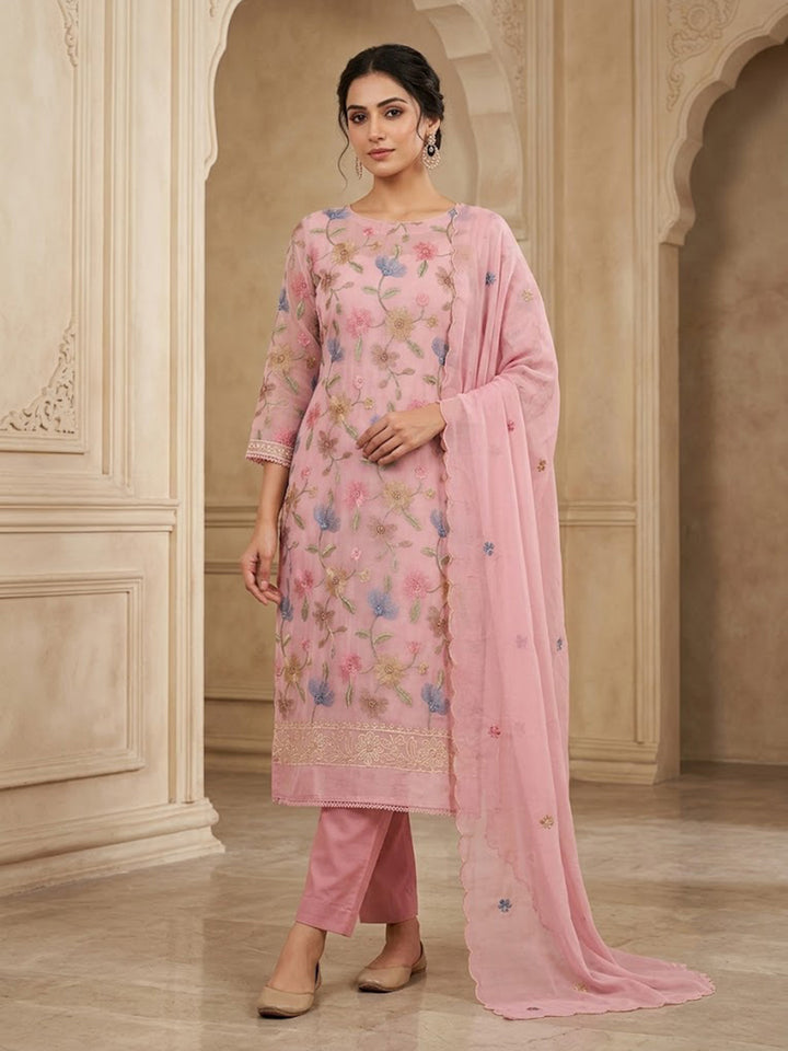 Onion-Pink Chanderi Embroidered Unstitched Dress Material