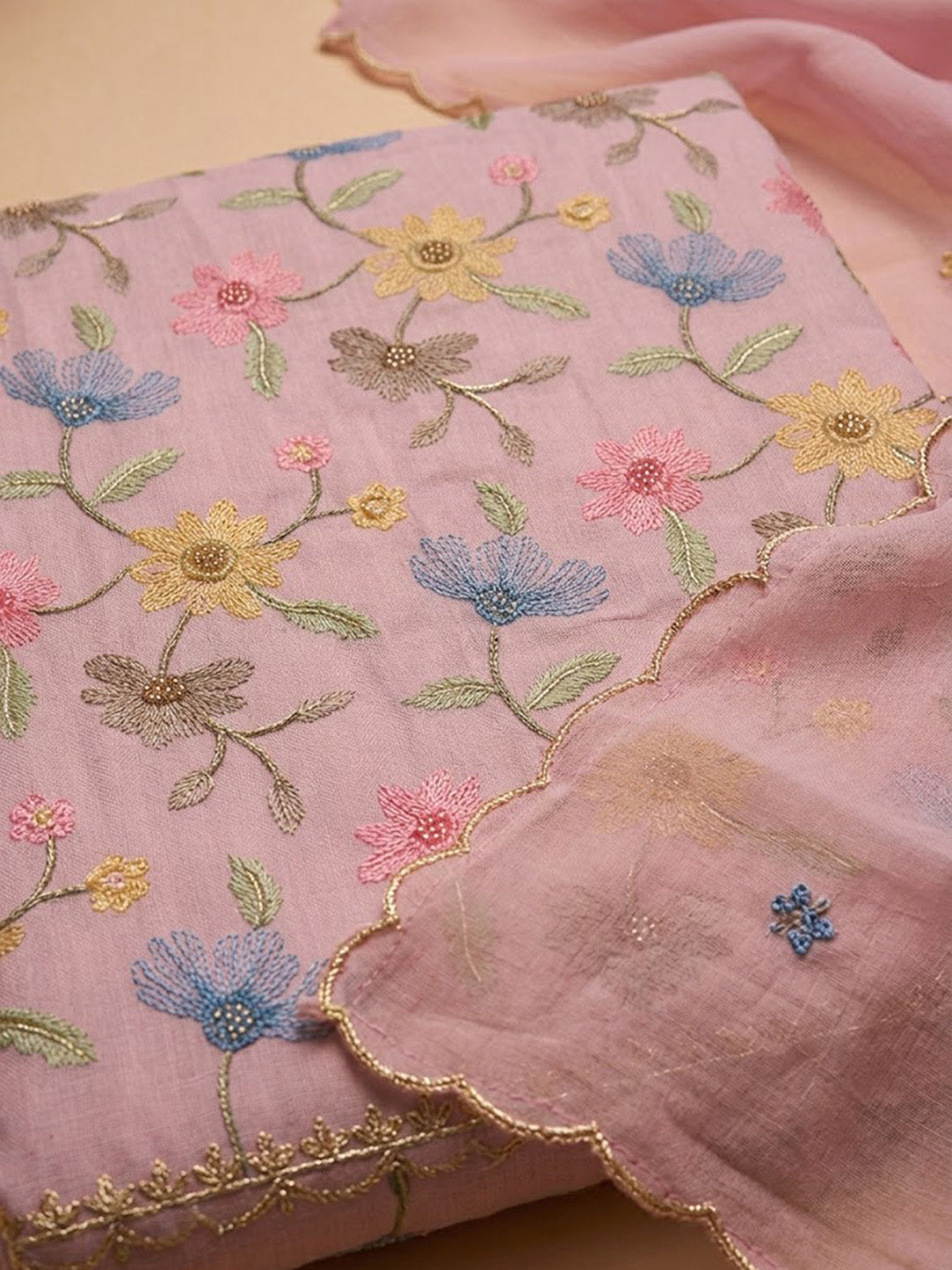Onion-Pink Chanderi Embroidered Unstitched Dress Material
