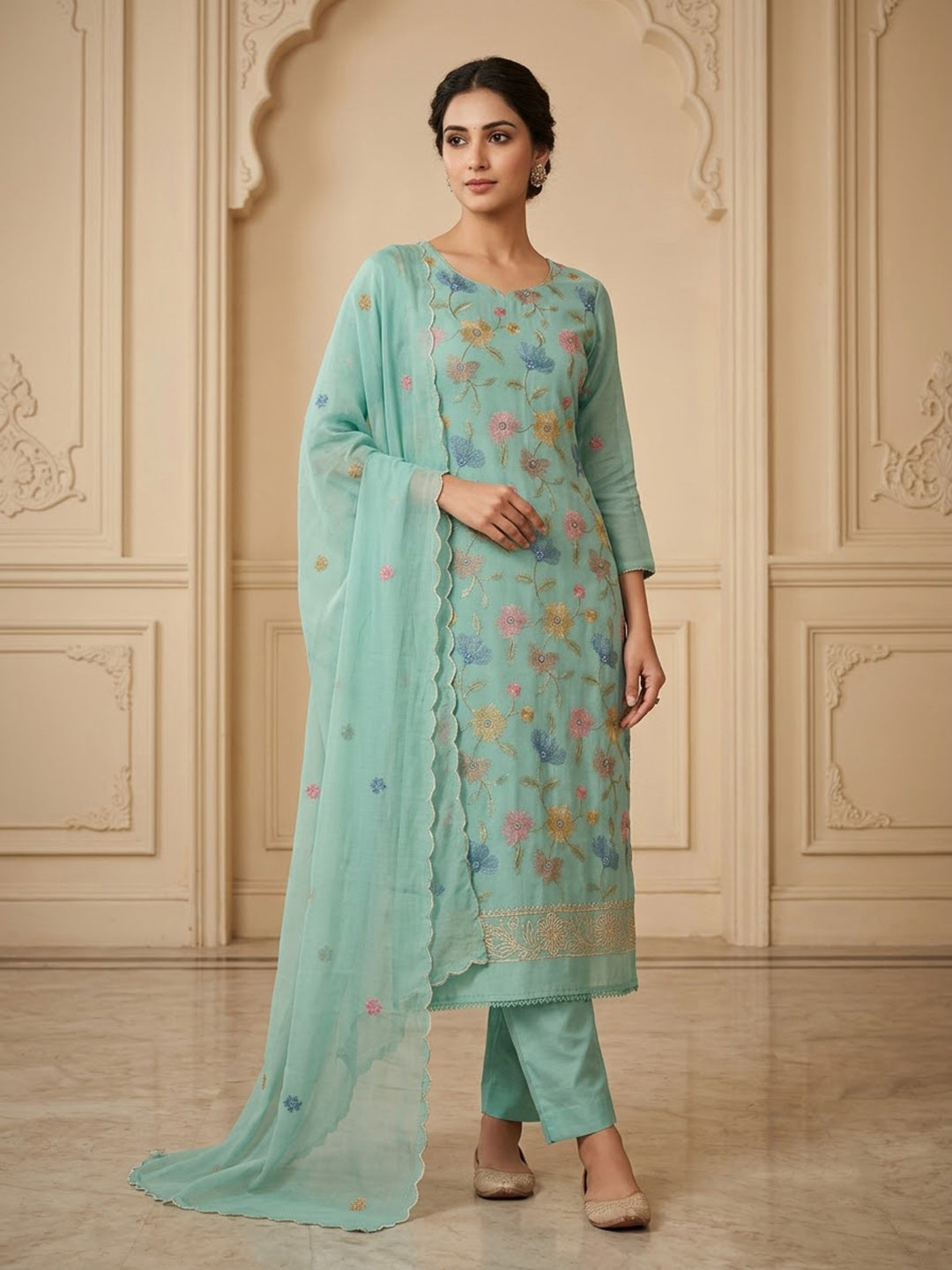 Rama-Green Chanderi Embroidered Unstitched Dress Material