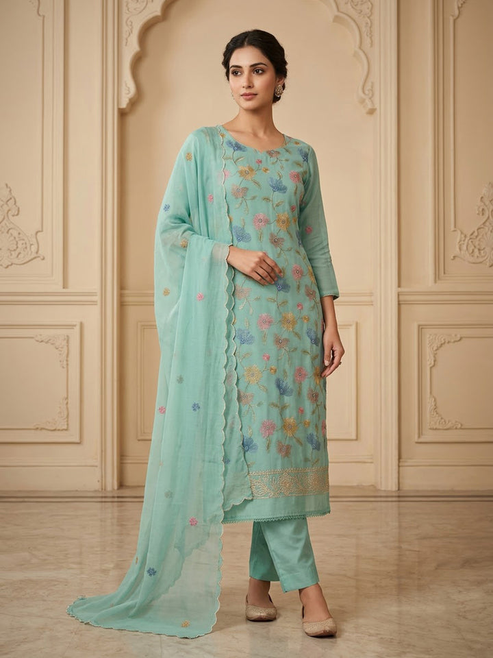 Rama-Green Chanderi Embroidered Unstitched Dress Material