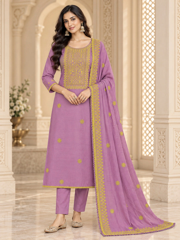 Lavender Chanderi Embroidered Unstitched Dress Material