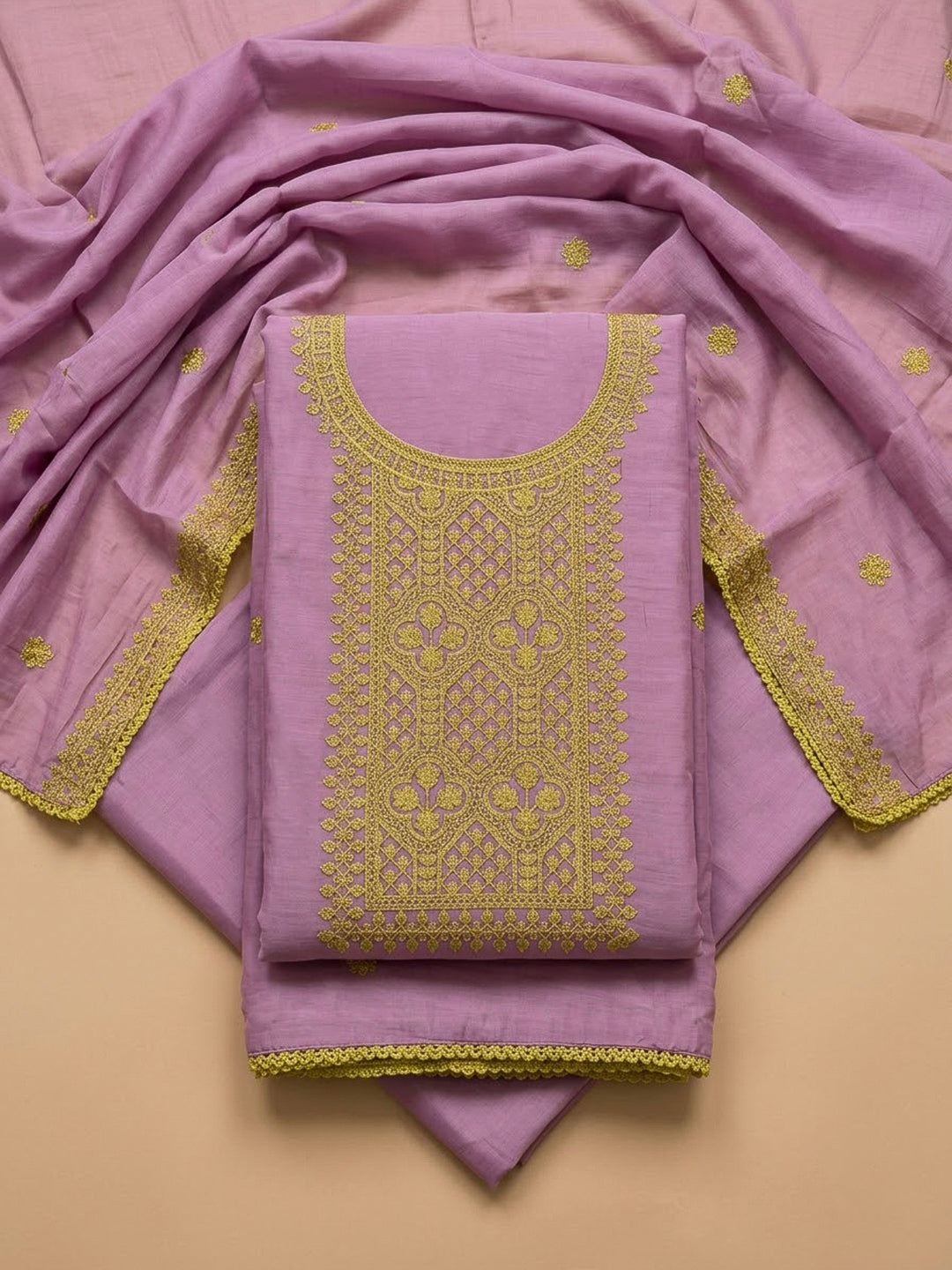 Lavender Chanderi Embroidered Unstitched Dress Material