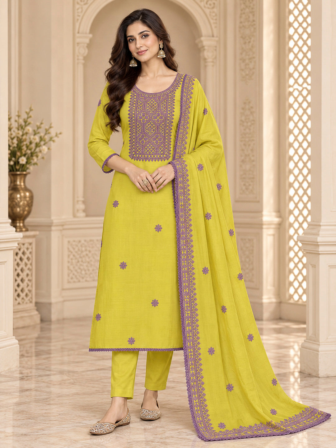 Lemon Chanderi Embroidered Unstitched Dress Material
