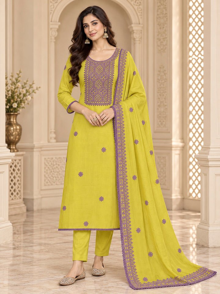 Lemon Chanderi Embroidered Unstitched Dress Material