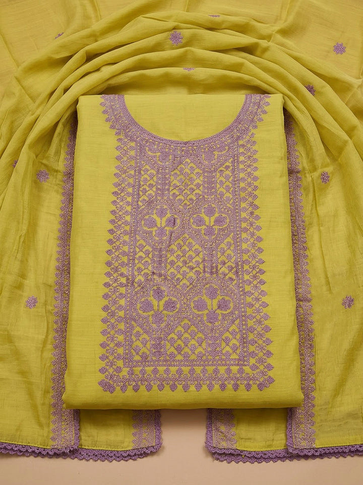 Lemon Chanderi Embroidered Unstitched Dress Material