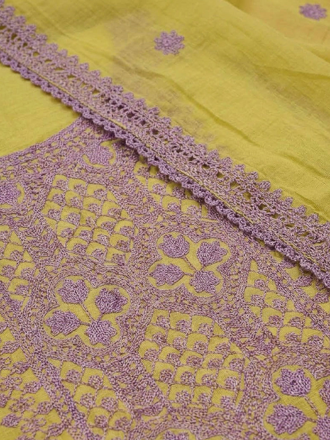 Lemon Chanderi Embroidered Unstitched Dress Material
