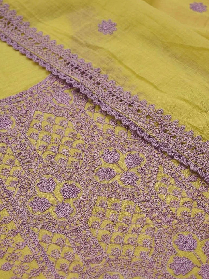 Lemon Chanderi Embroidered Unstitched Dress Material