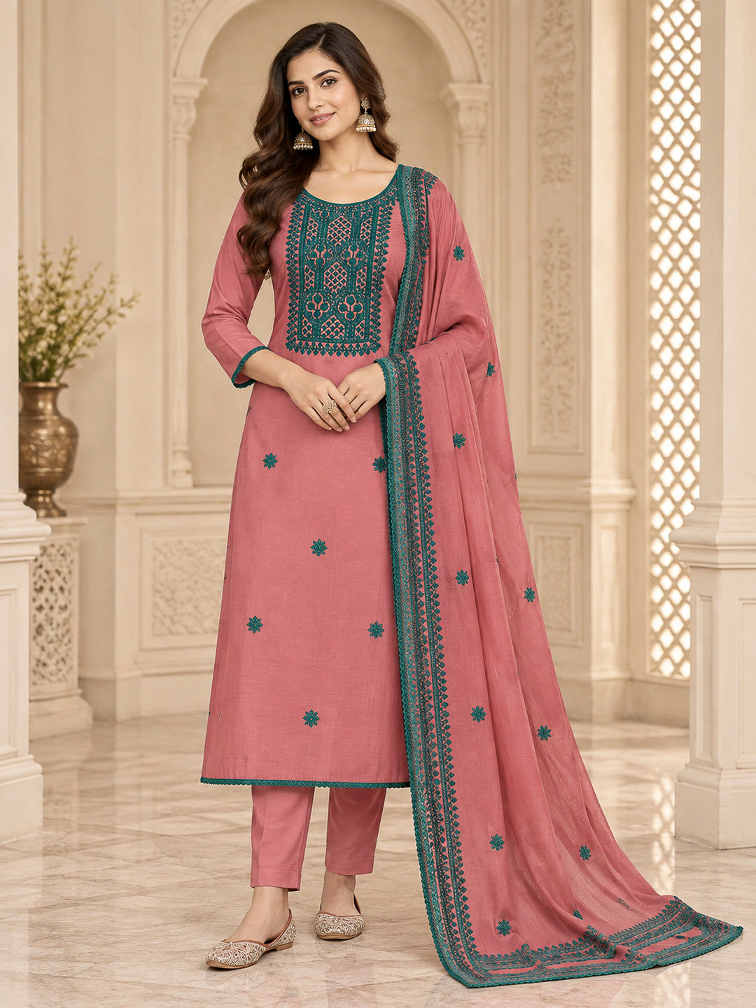 Peach Chanderi Embroidered Unstitched Dress Material