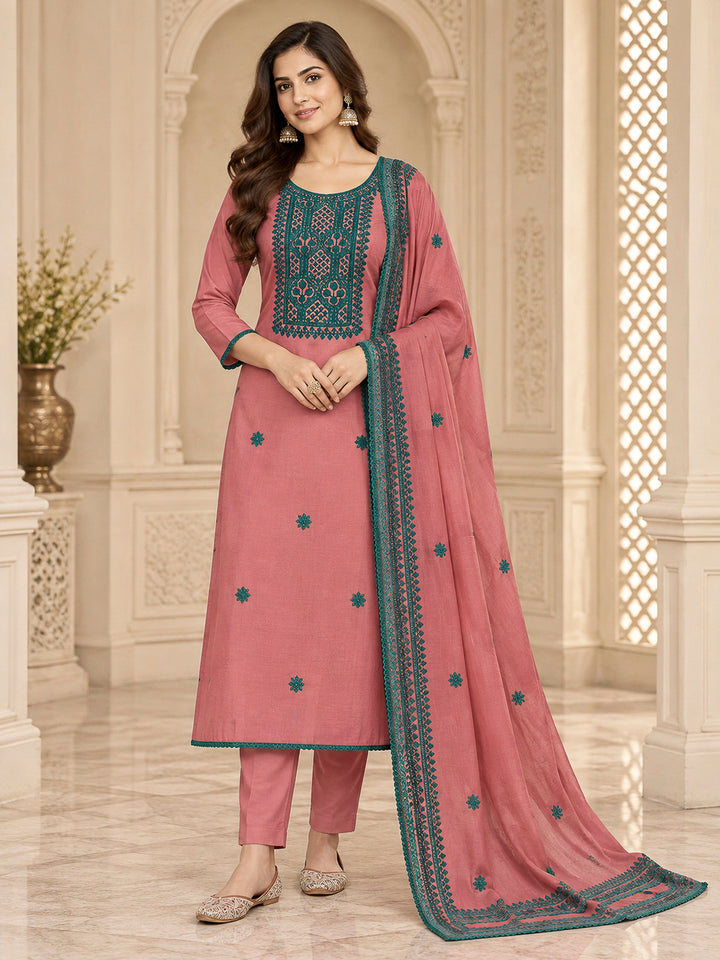 Peach Chanderi Embroidered Unstitched Dress Material