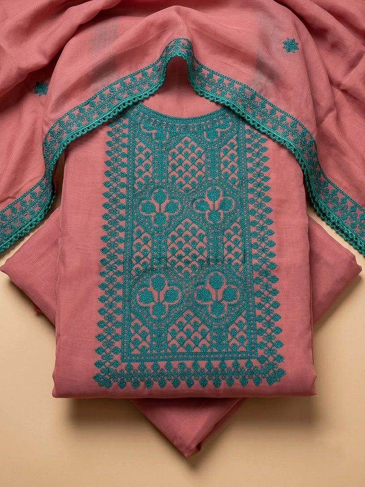 Peach Chanderi Embroidered Unstitched Dress Material