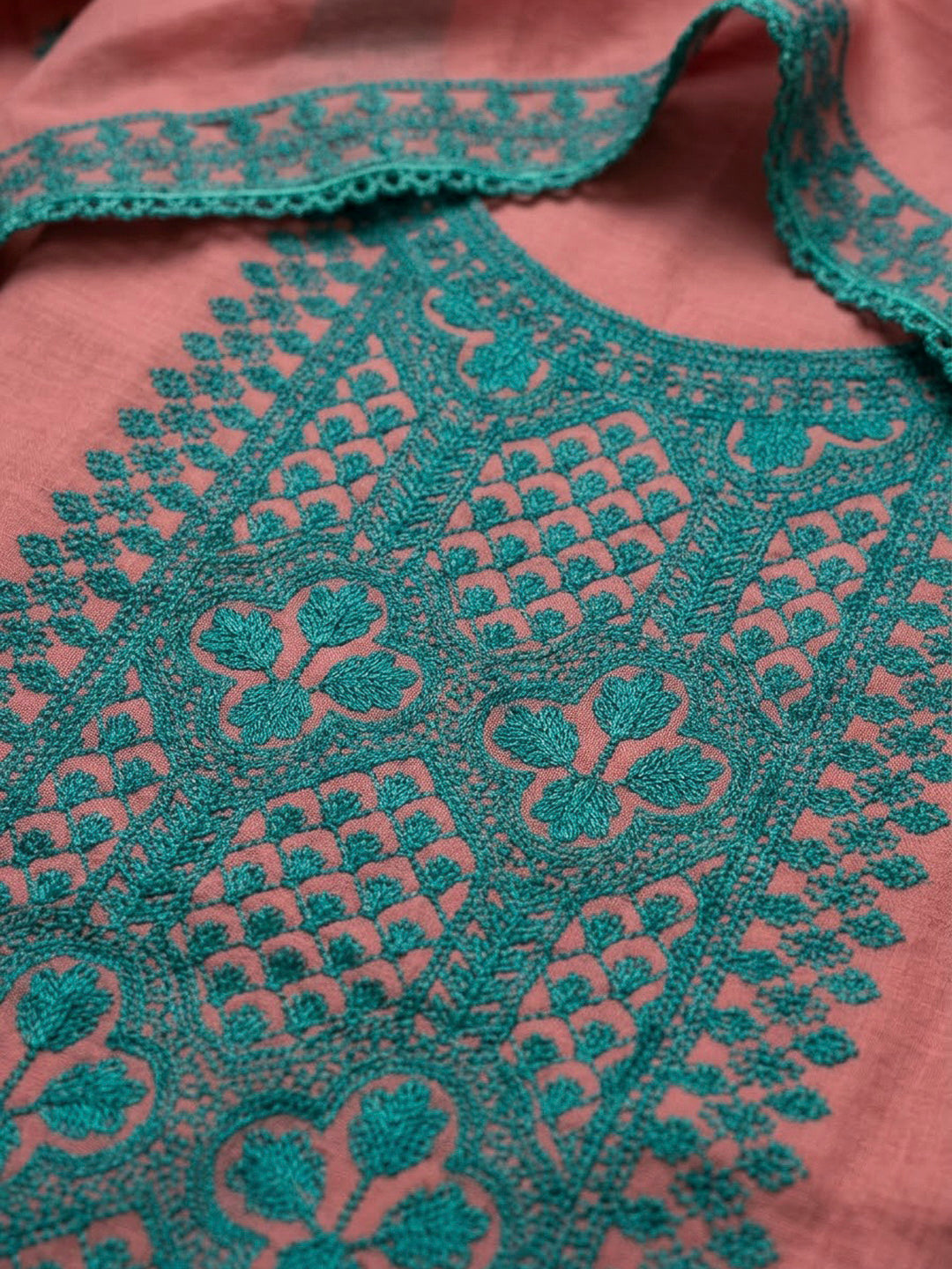 Peach Chanderi Embroidered Unstitched Dress Material