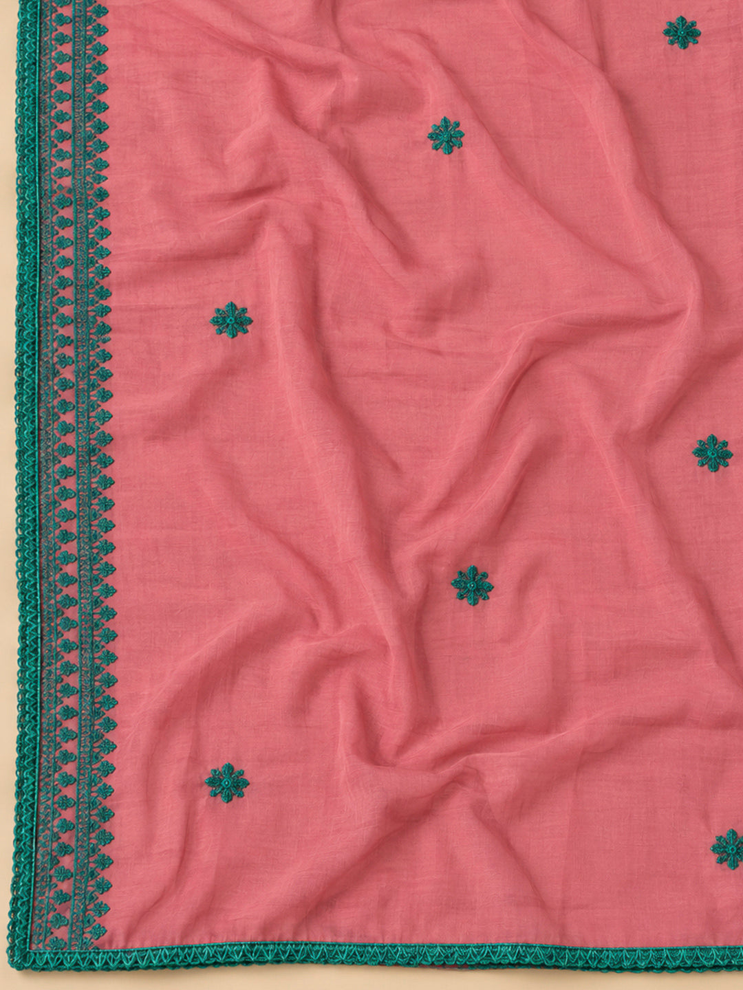 Peach Chanderi Embroidered Unstitched Dress Material