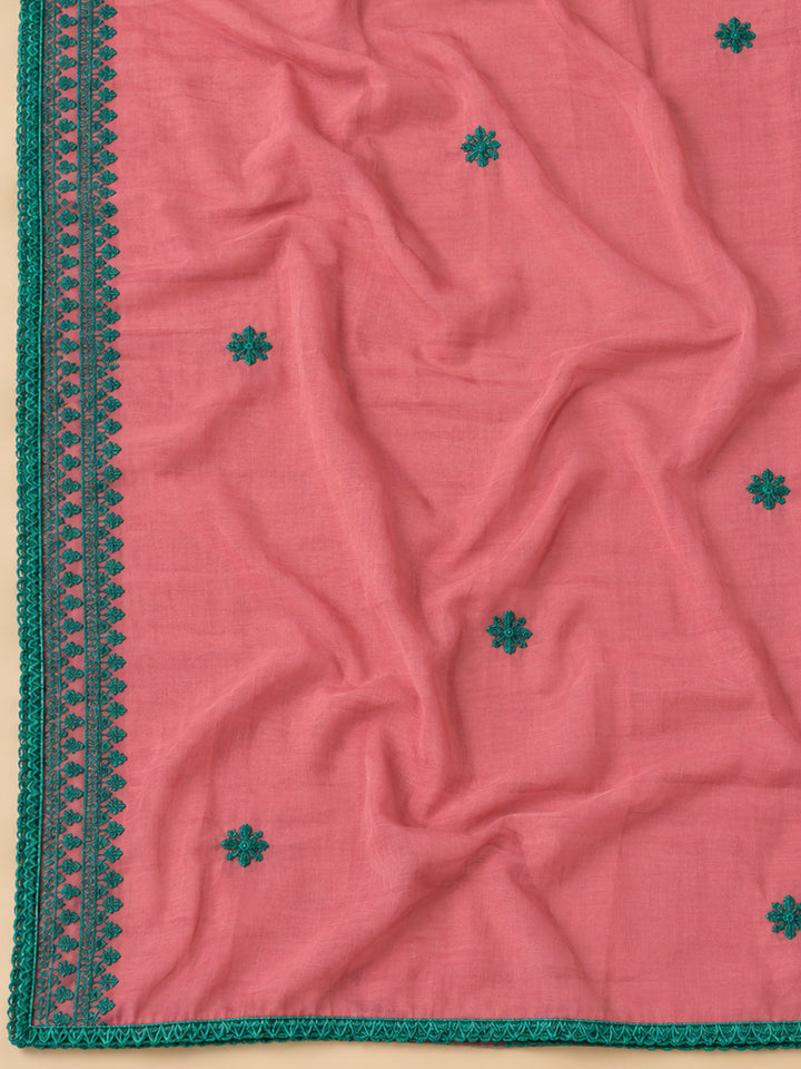 Peach Chanderi Embroidered Unstitched Dress Material