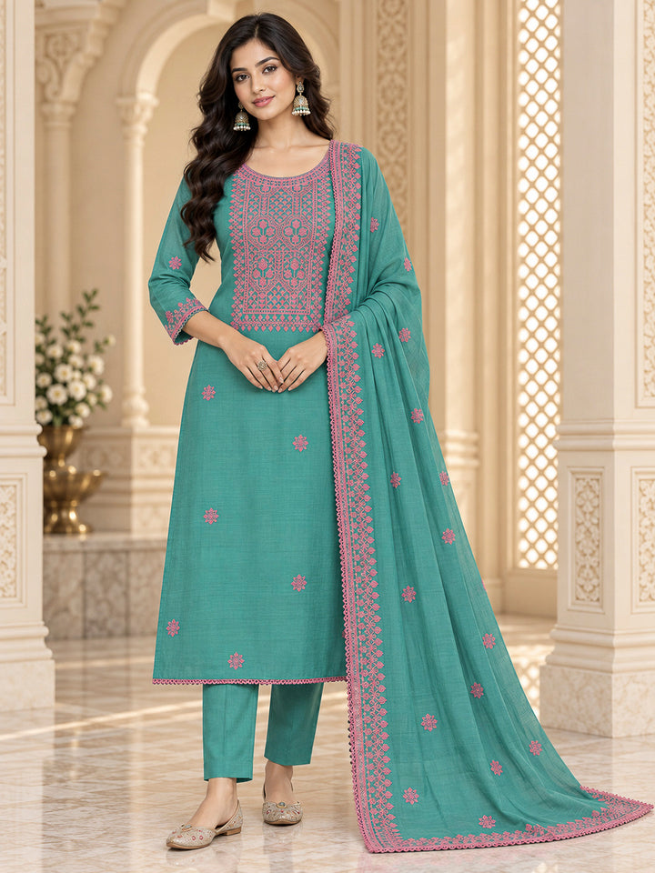 Sea Green Chanderi Embroidered Unstitched Dress Material