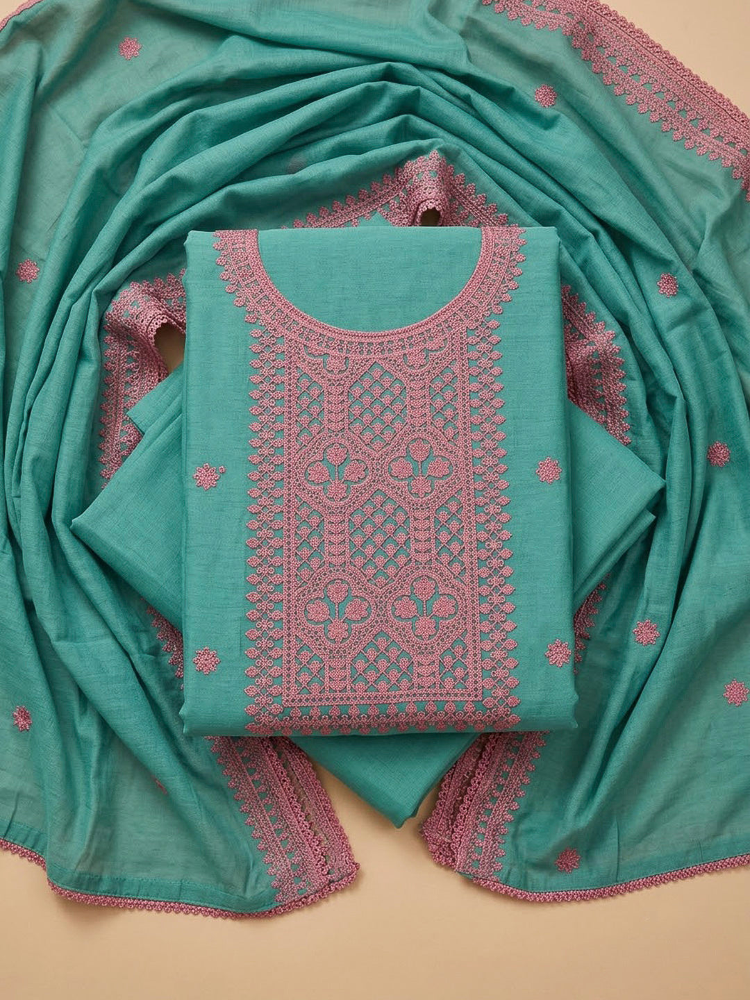 Sea Green Chanderi Embroidered Unstitched Dress Material