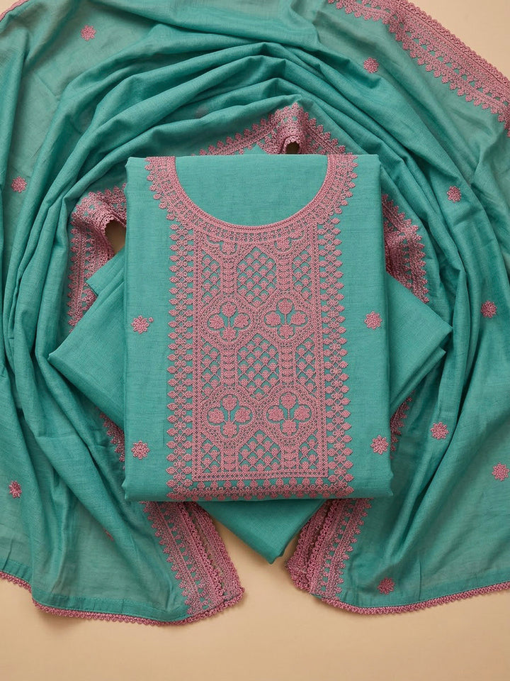 Sea Green Chanderi Embroidered Unstitched Dress Material