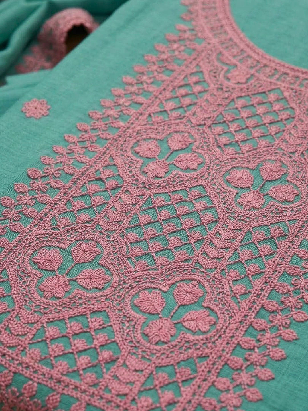 Sea Green Chanderi Embroidered Unstitched Dress Material