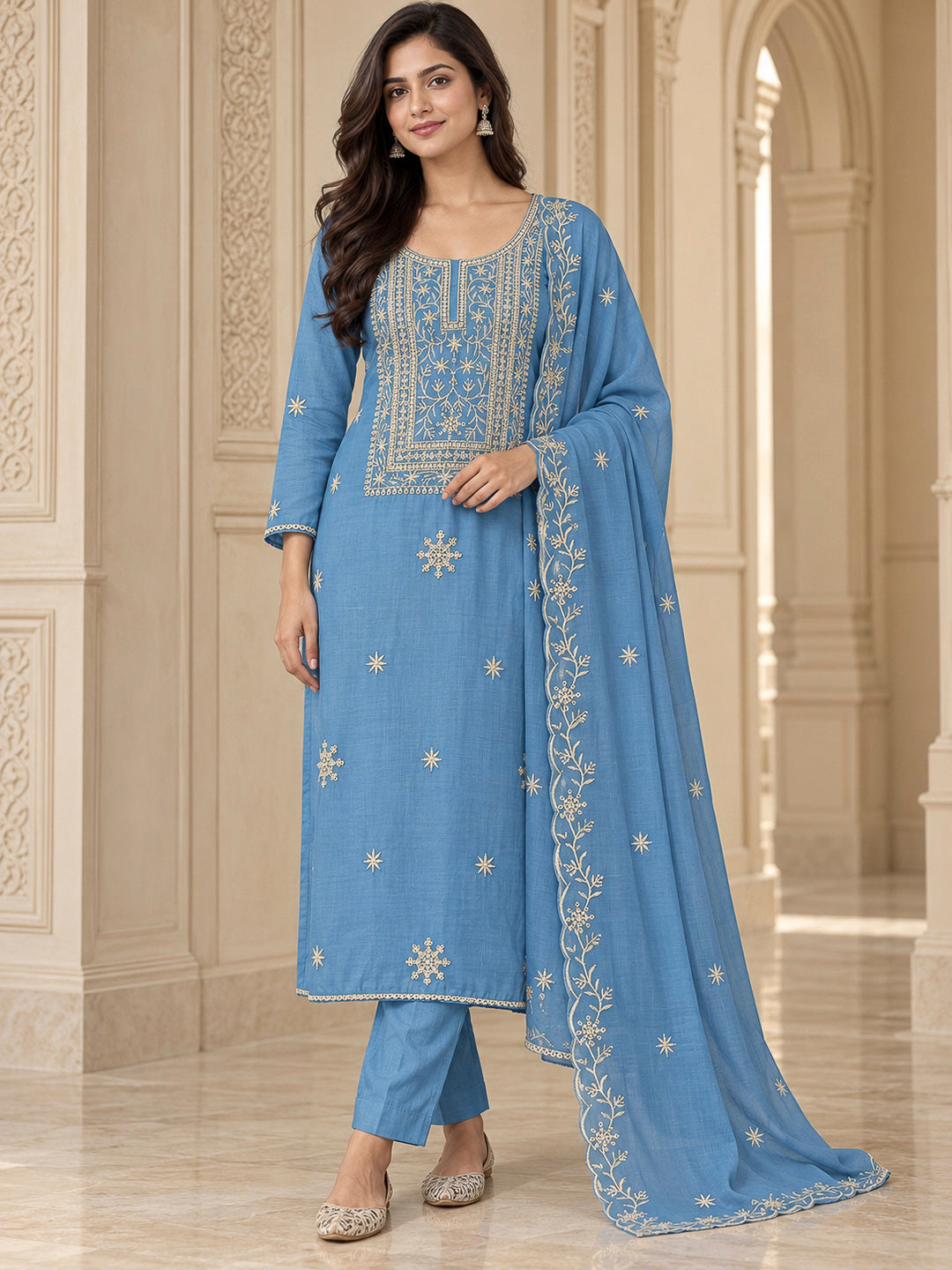 Blue Chanderi Embroidered Unstitched Dress Material