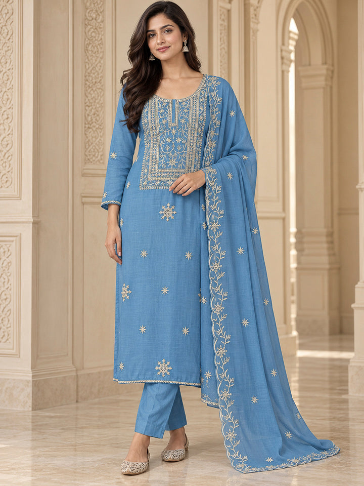 Blue Chanderi Embroidered Unstitched Dress Material