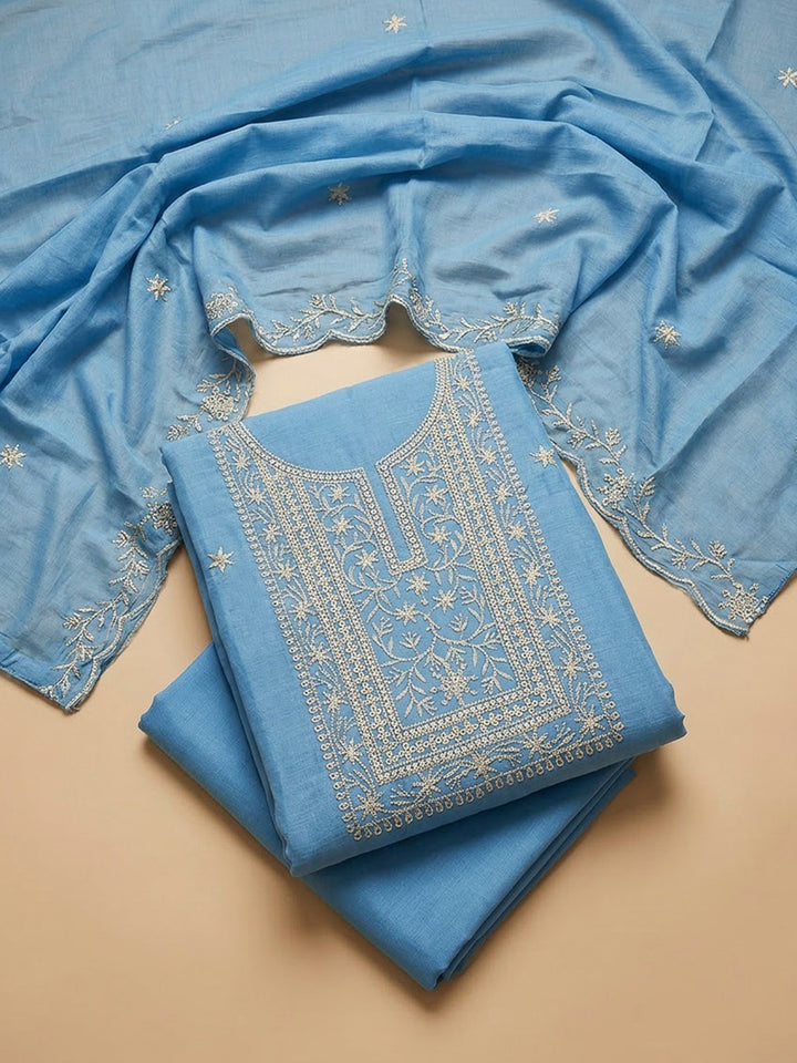 Blue Chanderi Embroidered Unstitched Dress Material
