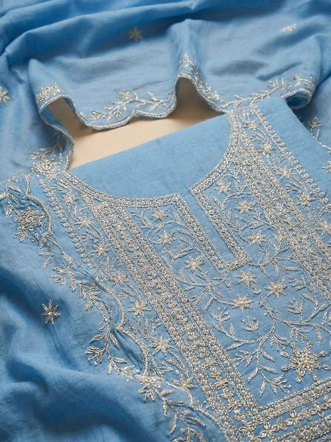 Blue Chanderi Embroidered Unstitched Dress Material