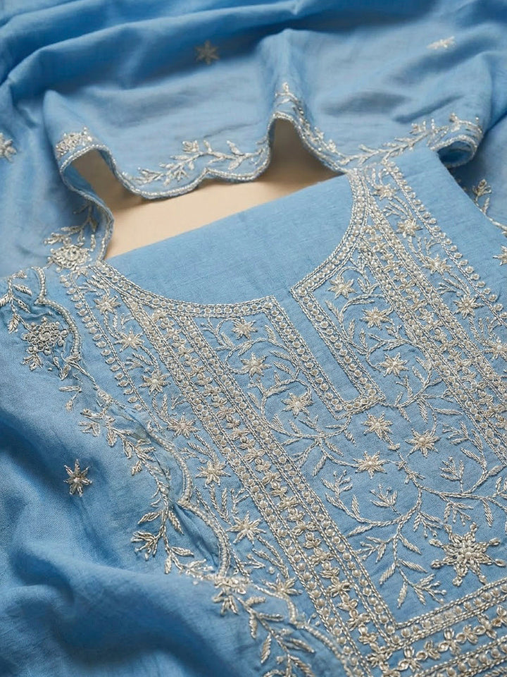 Blue Chanderi Embroidered Unstitched Dress Material