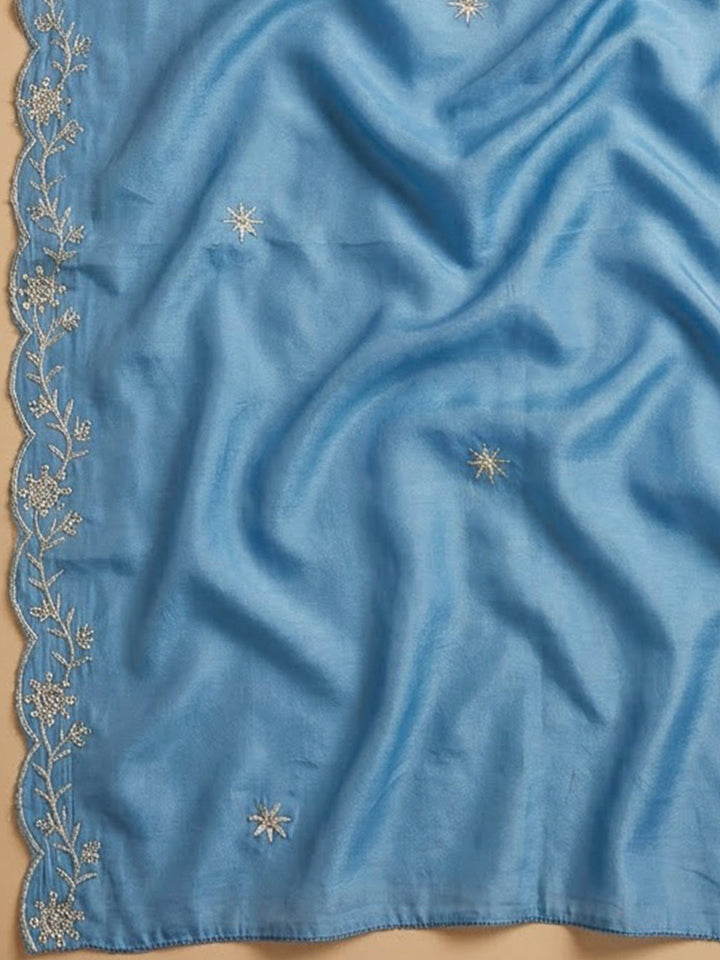 Blue Chanderi Embroidered Unstitched Dress Material