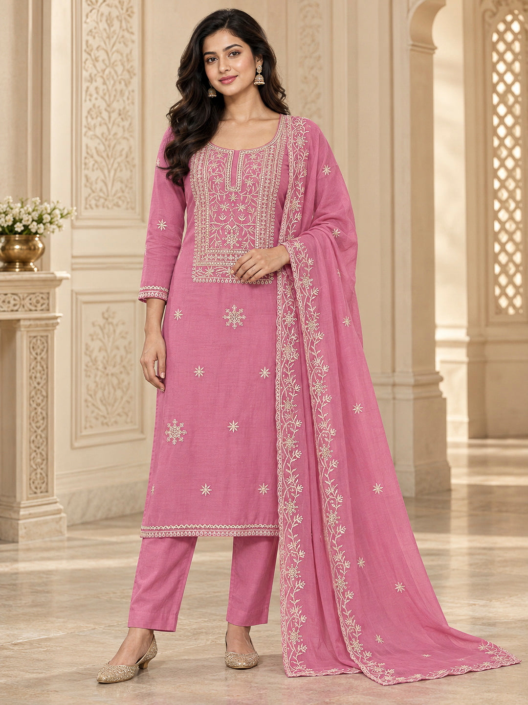 Onion Pink Chanderi Embroidered Unstitched Dress Material