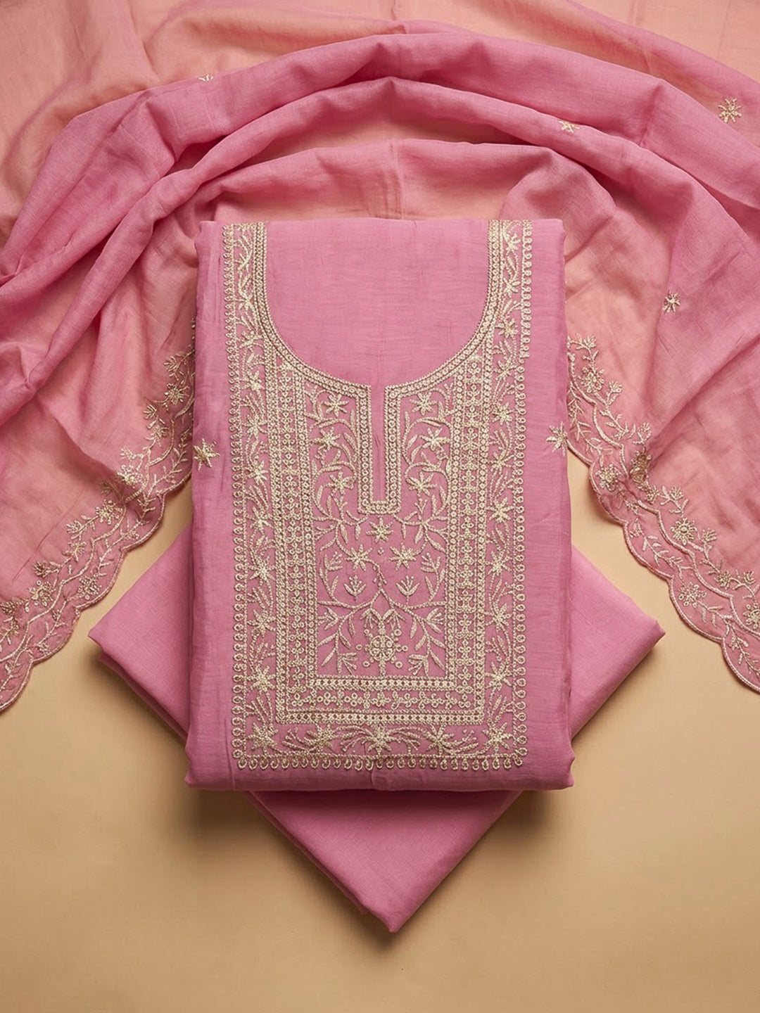 Onion Pink Chanderi Embroidered Unstitched Dress Material