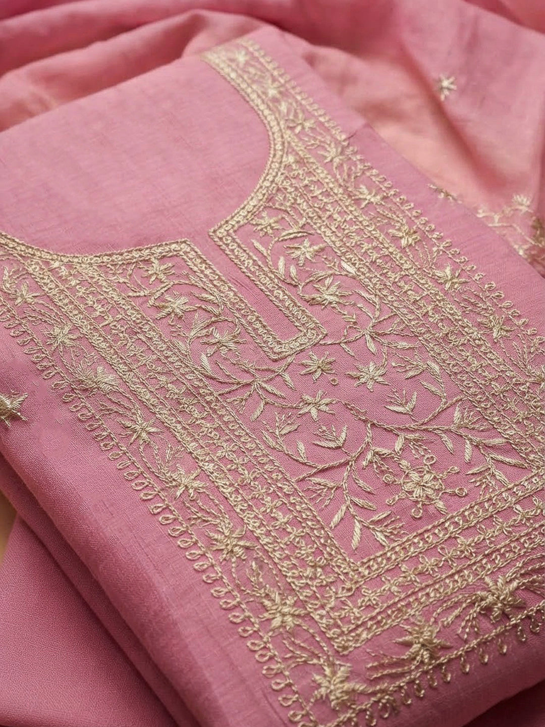 Onion Pink Chanderi Embroidered Unstitched Dress Material