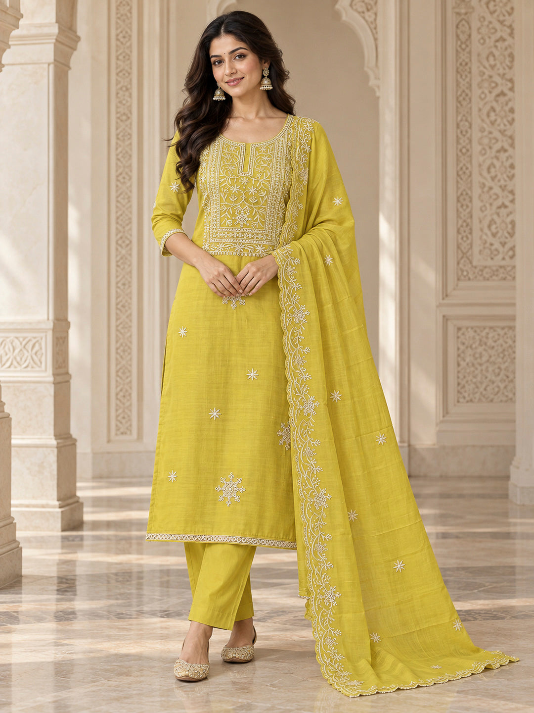 Yellow Chanderi Embroidered Unstitched Dress Material