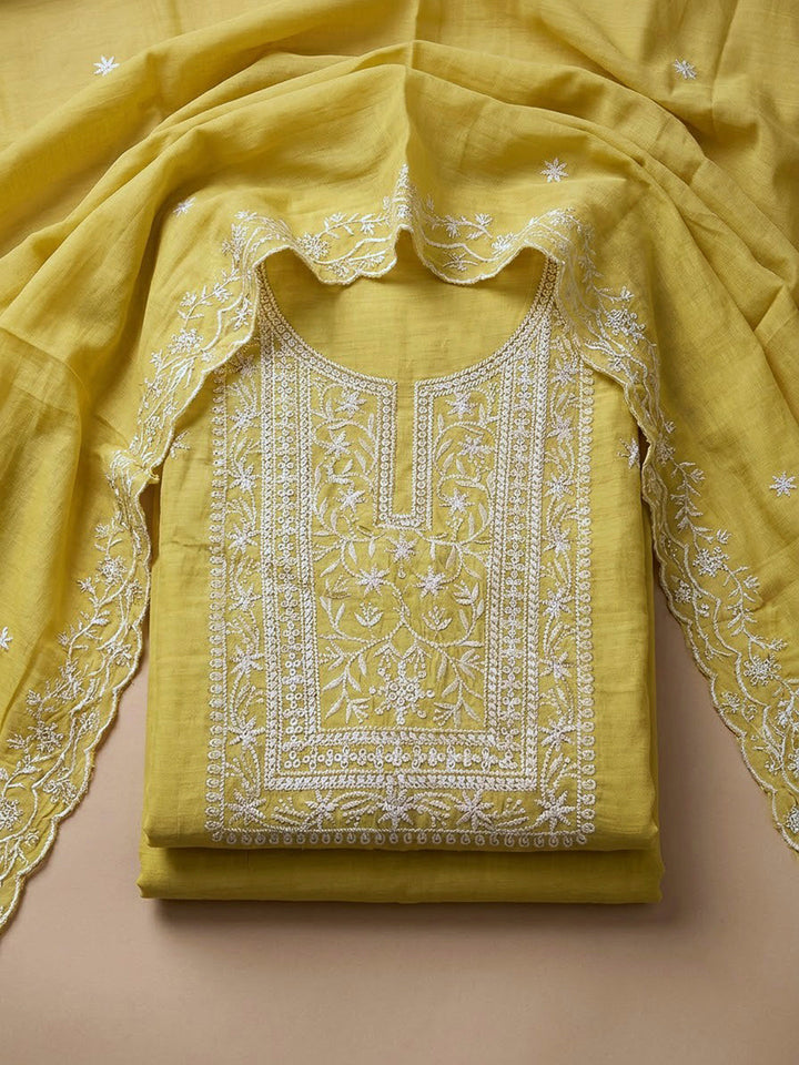 Yellow Chanderi Embroidered Unstitched Dress Material