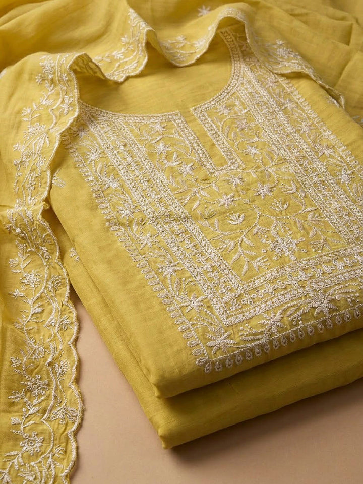 Yellow Chanderi Embroidered Unstitched Dress Material