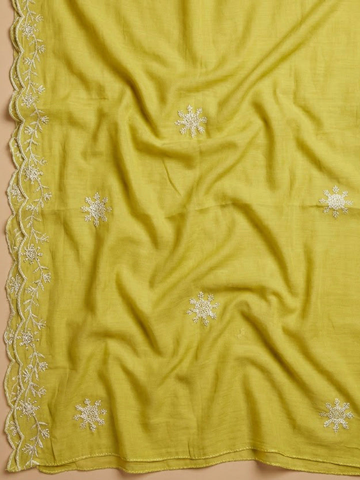 Yellow Chanderi Embroidered Unstitched Dress Material
