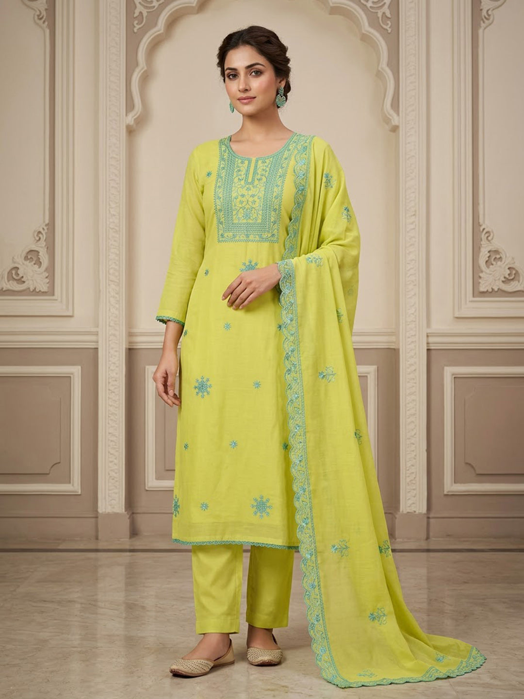 Lemon Chanderi Embroidered Unstitched Dress Material
