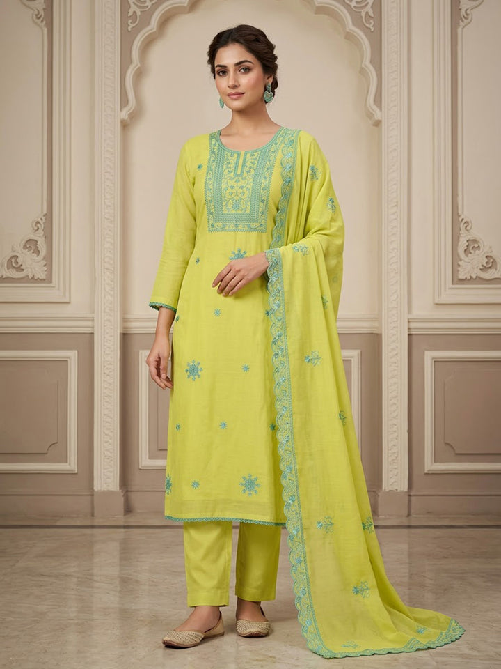 Lemon Chanderi Embroidered Unstitched Dress Material