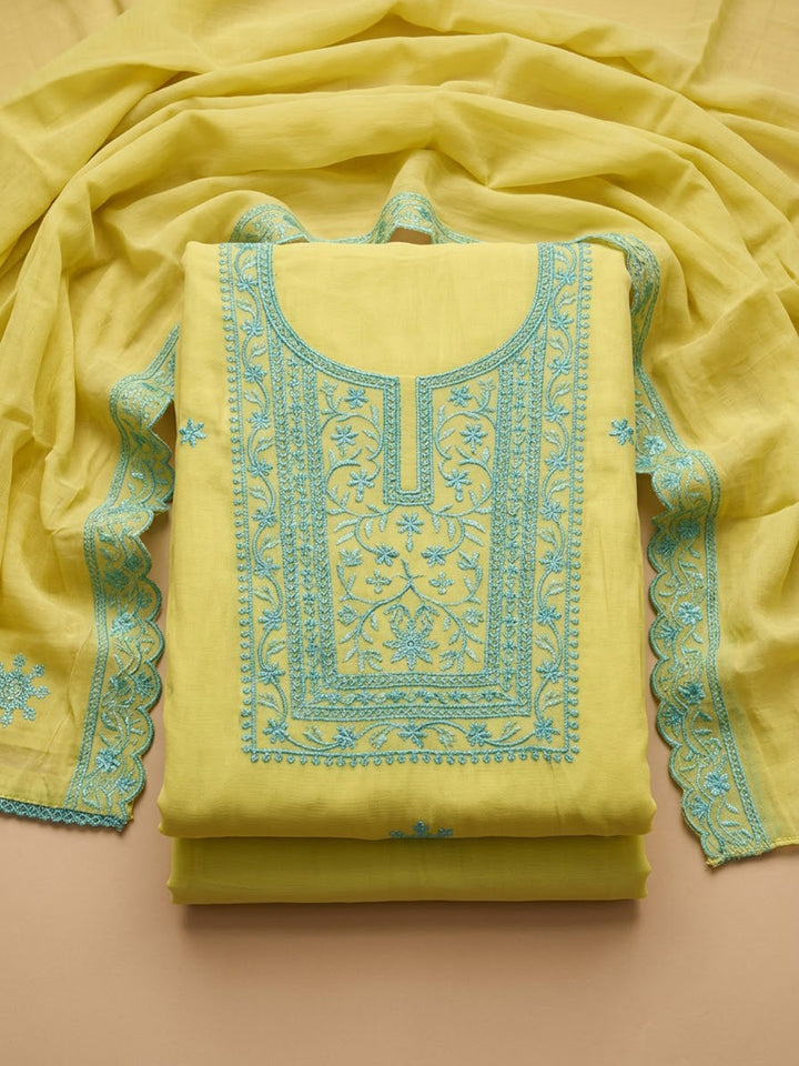 Lemon Chanderi Embroidered Unstitched Dress Material