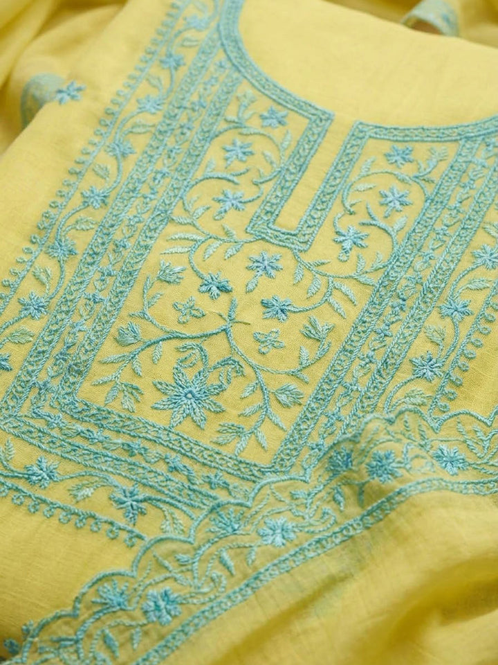 Lemon Chanderi Embroidered Unstitched Dress Material
