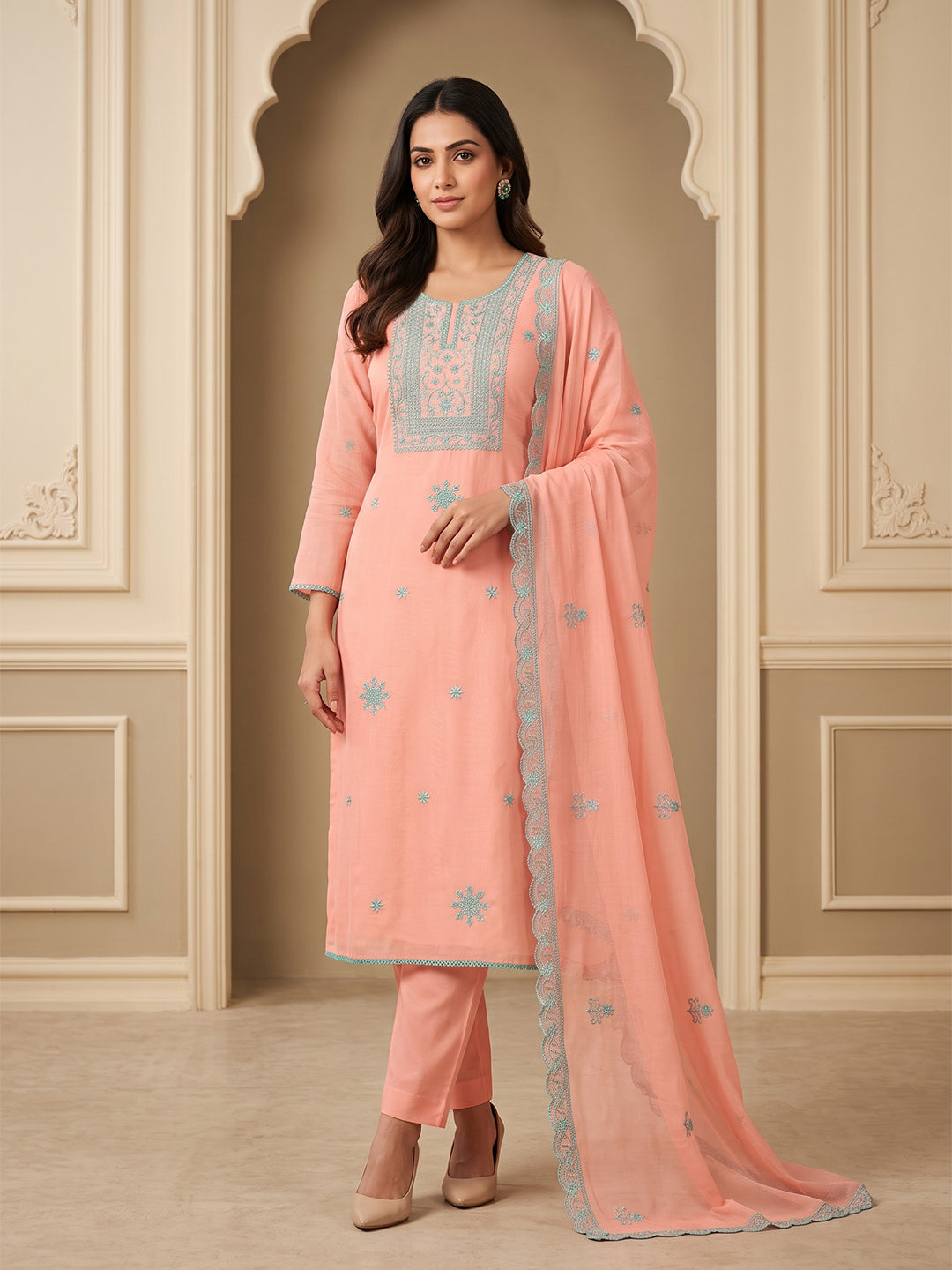 Peach Chanderi Embroidered Unstitched Dress Material