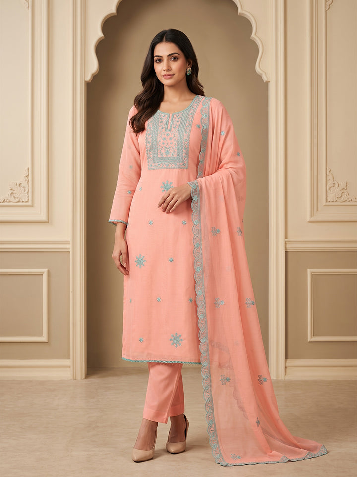 Peach Chanderi Embroidered Unstitched Dress Material