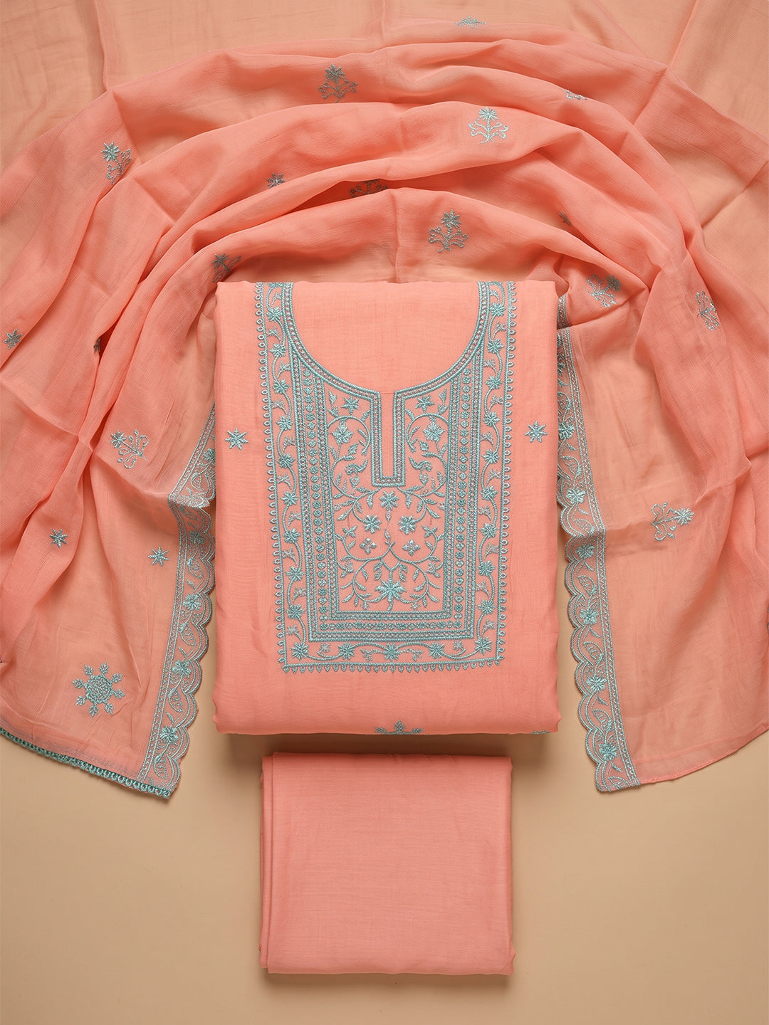 Peach Chanderi Embroidered Unstitched Dress Material