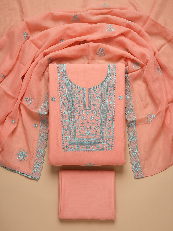 Peach Chanderi Embroidered Unstitched Dress Material